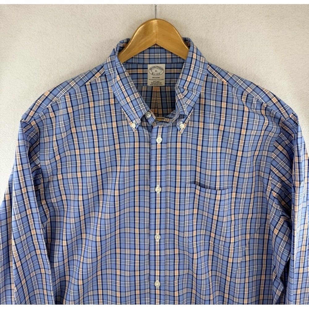 Brooks Brothers Regent XL Mens Blue Orange Check Supima Cotton Non-Iron Shirt